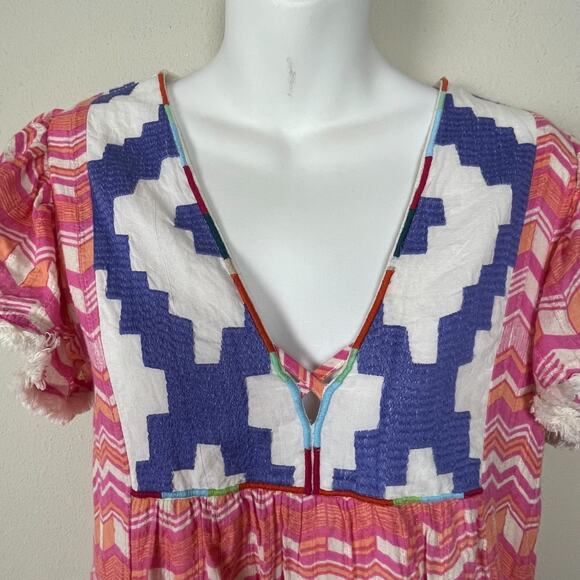 THML XS Pink Peach‎ Tribal Mini Dress Boho Fringe Tiered Cotton Metallic - Picture 2 of 8